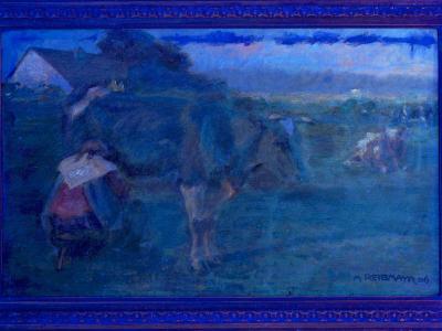 Albert Reibmayr Milking Time 1906 Landscape Painting of Cows by Albert Reibmayr Austrian 