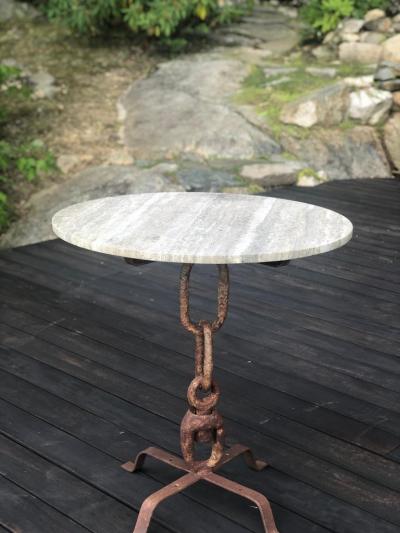 Alberto Diego Giacometti French Wrought Iron Travertine Dining Garden Table in Style of Giacometti