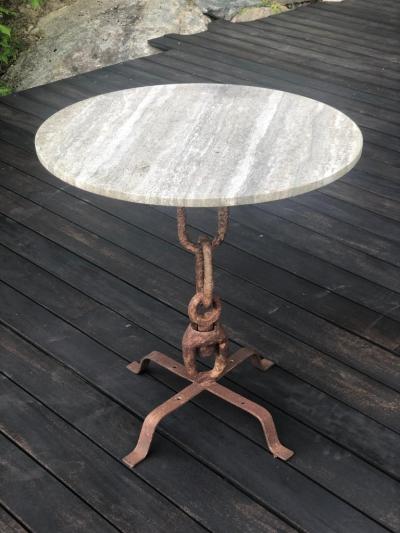 Alberto Diego Giacometti French Wrought Iron Travertine Dining Garden Table in Style of Giacometti