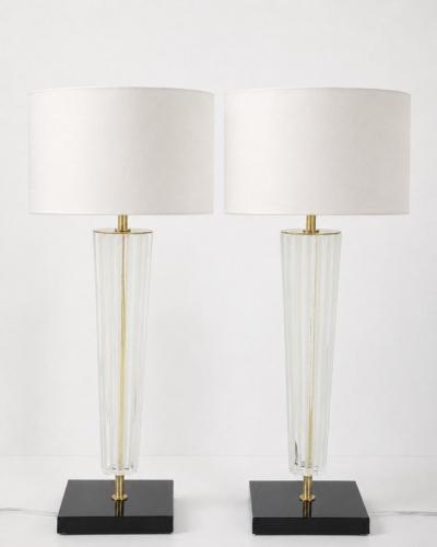 Alberto Dona Art Deco Style Venetian Glass Lamps in Clear Glass with Black Glass Base Signed