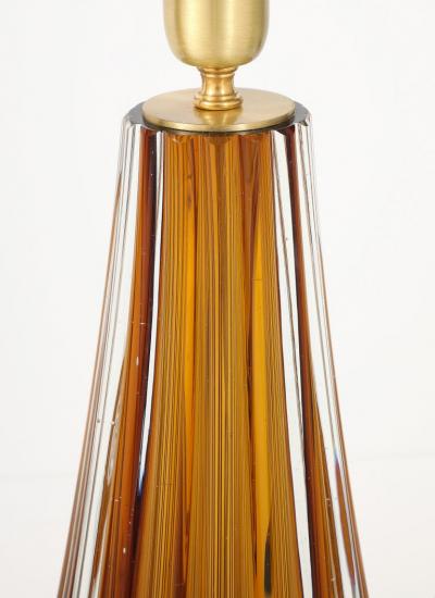 Alberto Dona Pair Hand Blown Fluted Cognac Saddle Murano Glass Brass Table Lamps Signed
