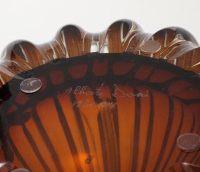 Alberto Dona Pair Hand Blown Fluted Cognac Saddle Murano Glass Brass Table Lamps Signed