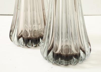 Alberto Dona Pair Hand Blown Fluted Grey Taupe Murano Glass Brass Table Lamps Signed