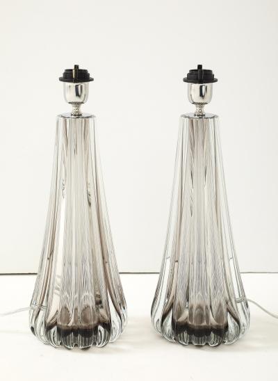 Alberto Dona Pair Hand Blown Fluted Grey Taupe Murano Glass Brass Table Lamps Signed