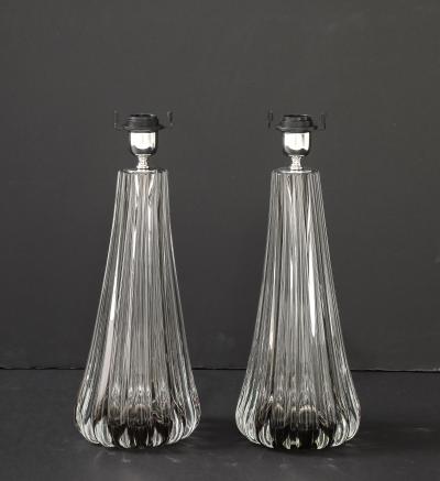 Alberto Dona Pair Hand Blown Fluted Grey Taupe Murano Glass Brass Table Lamps Signed