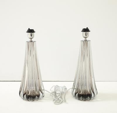 Alberto Dona Pair Hand Blown Fluted Grey Taupe Murano Glass Brass Table Lamps Signed