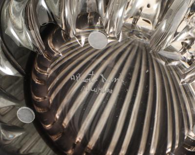 Alberto Dona Pair Hand Blown Fluted Grey Taupe Murano Glass Brass Table Lamps Signed