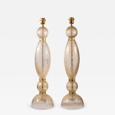 Alberto Dona Pair Of Tall Blown Clear Glass With Gold Inclusion Table Lamps