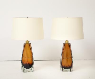 Alberto Dona Pair of Cognac Murano Glass and Brass Lamps Signed Italy