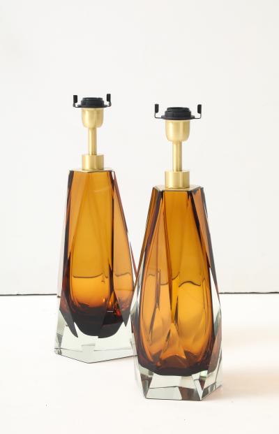 Alberto Dona Pair of Cognac Murano Glass and Brass Lamps Signed Italy