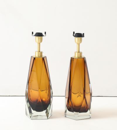 Alberto Dona Pair of Cognac Murano Glass and Brass Lamps Signed Italy