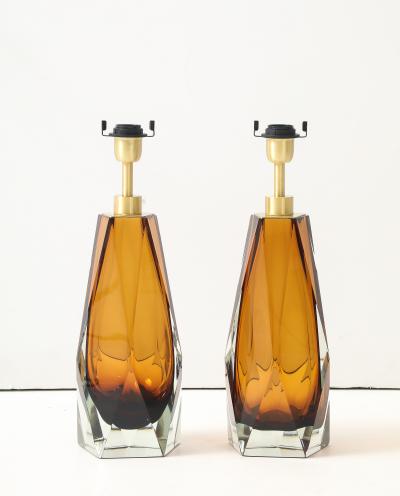 Alberto Dona Pair of Cognac Murano Glass and Brass Lamps Signed Italy