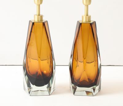 Alberto Dona Pair of Cognac Murano Glass and Brass Lamps Signed Italy