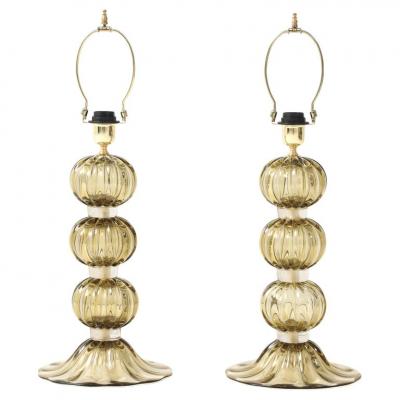 Alberto Dona Pair of Golden Amber Pagliesco Murano Glass Spheres Lamps Italy 2025 Signed