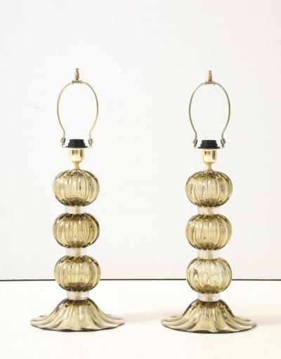 Alberto Dona Pair of Golden Amber Pagliesco Murano Glass Spheres Lamps Italy 2025 Signed