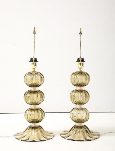 Alberto Dona Pair of Golden Amber Pagliesco Murano Glass Spheres Lamps Italy 2025 Signed