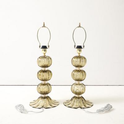 Alberto Dona Pair of Golden Amber Pagliesco Murano Glass Spheres Lamps Italy 2025 Signed