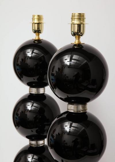 Alberto Dona Pair of Large Black and Gold Murano Glass Spheres Lamps Italy Signed