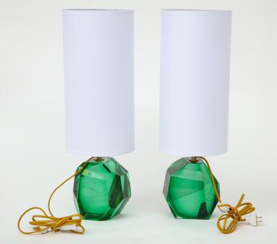 Alberto Dona Pair of Solid Emerald Green Jewel Murano Glass Lamps Italy Signed