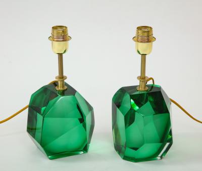 Alberto Dona Pair of Solid Emerald Green Jewel Murano Glass Lamps Italy Signed