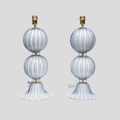 Alberto Dona Pair of light Pale blue grey blown Murano glass table lamps