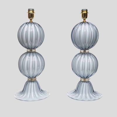 Alberto Dona Pair of light Pale blue grey blown Murano glass table lamps