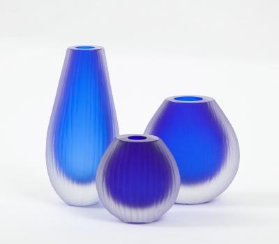 Alberto Dona Set of Three Fluted Cobalt Blue Murano Glass Vases Signed by Alberto Don 