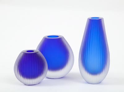 Alberto Dona Set of Three Fluted Cobalt Blue Murano Glass Vases Signed by Alberto Don 