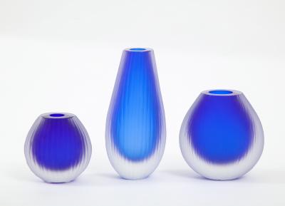 Alberto Dona Set of Three Fluted Cobalt Blue Murano Glass Vases Signed by Alberto Don 