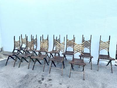 Alberto Marconetti Alberto Marconetti Original Oak Iron Leather Straps Dining Chairs Set of 12