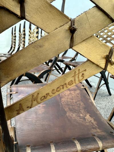 Alberto Marconetti Alberto Marconetti Original Oak Iron Leather Straps Dining Chairs Set of 12