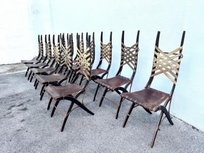 Alberto Marconetti Alberto Marconetti Original Oak Iron Leather Straps Dining Chairs Set of 12