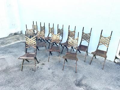Alberto Marconetti Alberto Marconetti Original Oak Iron Leather Straps Dining Chairs Set of 12