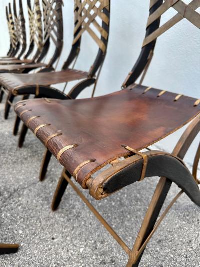 Alberto Marconetti Alberto Marconetti Original Oak Iron Leather Straps Dining Chairs Set of 12