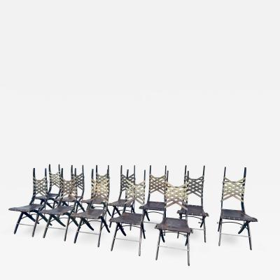 Alberto Marconetti Alberto Marconetti Original Oak Iron Leather Straps Dining Chairs Set of 12