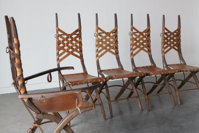 Alberto Marconetti Set of 6 Oak Iron Leather Dining Chairs by Alberto Marconetti