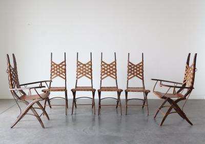 Alberto Marconetti Set of 6 Oak Iron Leather Dining Chairs by Alberto Marconetti