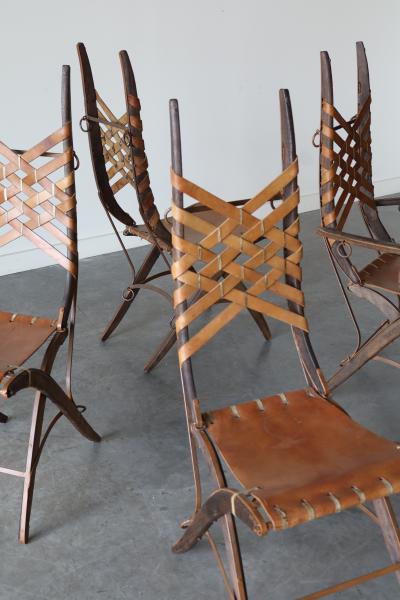 Alberto Marconetti Set of 6 Oak Iron Leather Dining Chairs by Alberto Marconetti