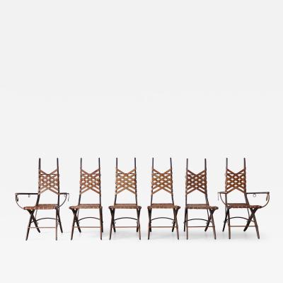 Alberto Marconetti Set of 6 Oak Iron Leather Dining Chairs by Alberto Marconetti