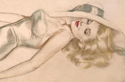 Alberto Vargas Seductive Platinum Blond Hair and Blue Eyed Pin Up in Turquoise Hat