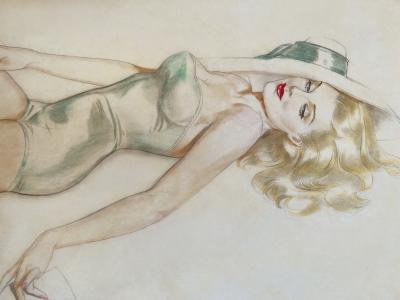 Alberto Vargas Seductive Platinum Blond Hair and Blue Eyed Pin Up in Turquoise Hat