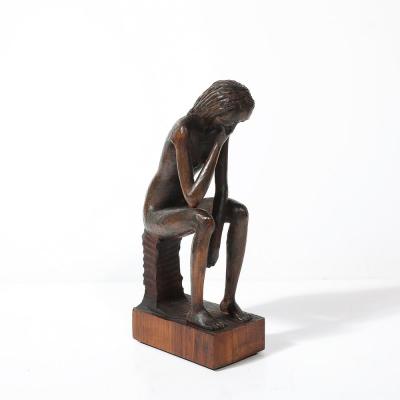 Aldo Calo Mid Century Hand Carved Seated Female Nude Sculpture in Walnut signed Aldo Calo