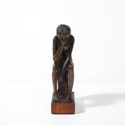 Aldo Calo Mid Century Hand Carved Seated Female Nude Sculpture in Walnut signed Aldo Calo