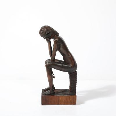 Aldo Calo Mid Century Hand Carved Seated Female Nude Sculpture in Walnut signed Aldo Calo