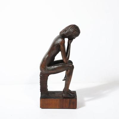 Aldo Calo Mid Century Hand Carved Seated Female Nude Sculpture in Walnut signed Aldo Calo