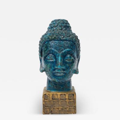 Aldo Londi Aldo Londi Bitossi Buddha Head Sculpture Cinese Blue Gold Ceramic Italy 1960s