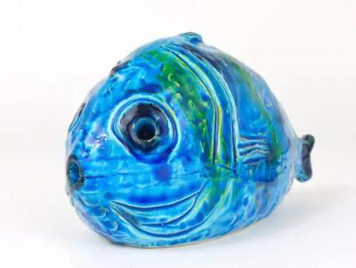 Aldo Londi Aldo Londi Bitossi Rimini Blue Glazed Fish Sculpture Figurine Italy 1950s