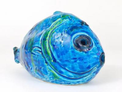 Aldo Londi Aldo Londi Bitossi Rimini Blue Glazed Fish Sculpture Figurine Italy 1950s