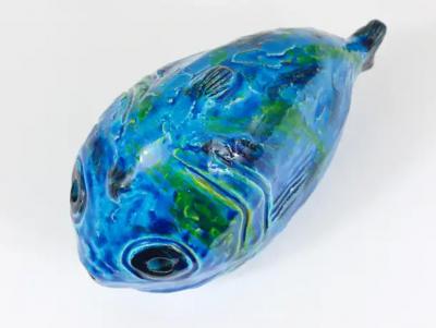 Aldo Londi Aldo Londi Bitossi Rimini Blue Glazed Fish Sculpture Figurine Italy 1950s