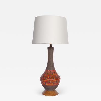 Aldo Londi Aldo Londi Brown Pottery Table Lamp with Glazed Red Orange Geometrics